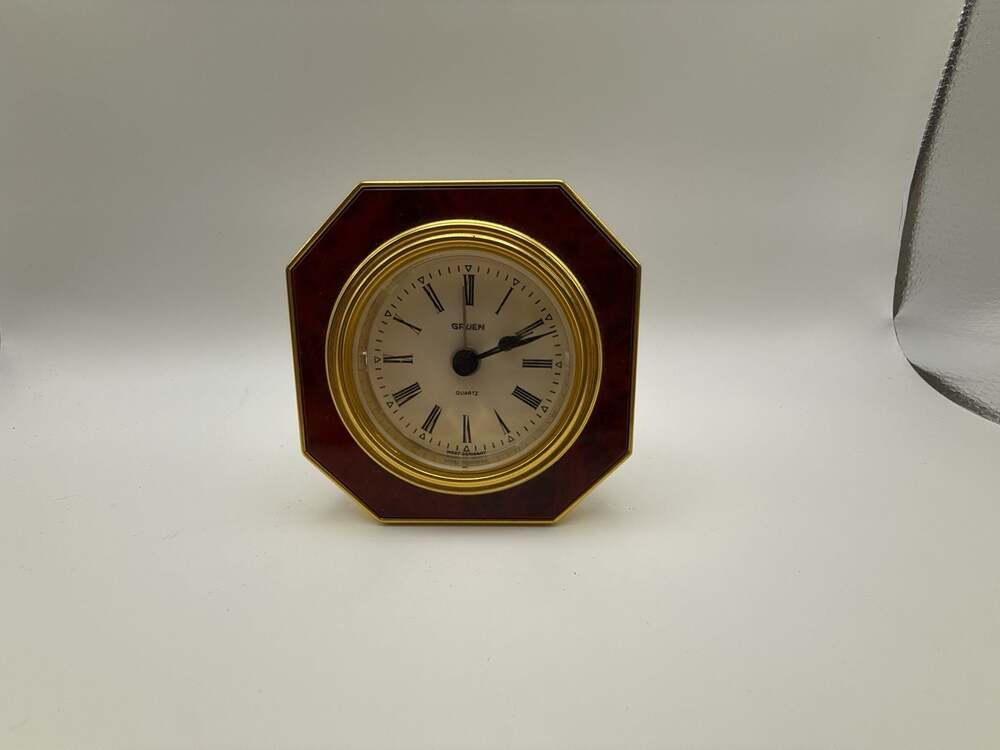 Gruen Quartz Octagonal Table Alarm Clock with Faux Burled Wood Finish
